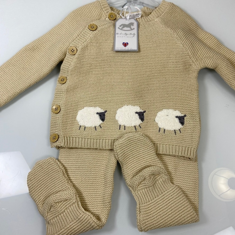 Rock a‎ Bye Baby Boutique Knit Sweater Pants Set Sheep 6 9M Neutral Beige